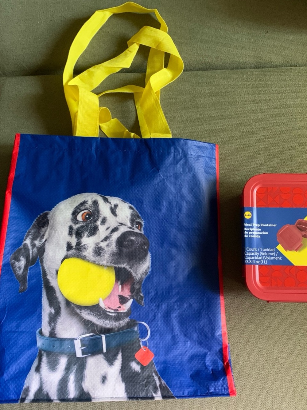 Blue and Yellow Dog Tote Bag with Tennis Ball and meal prep container